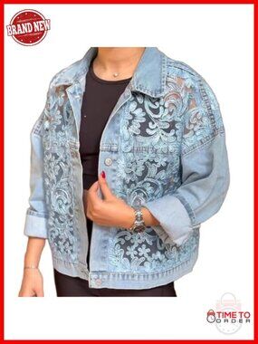 Lace Sheer Denim Jacket Women Casual Jean Jacket Spring Summer